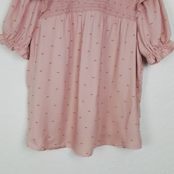 Anthropologie MINE Boho Smocked Ruffle‎ Puff Sleeve Blouse Pink Dot size L - Picture 4 of 13
